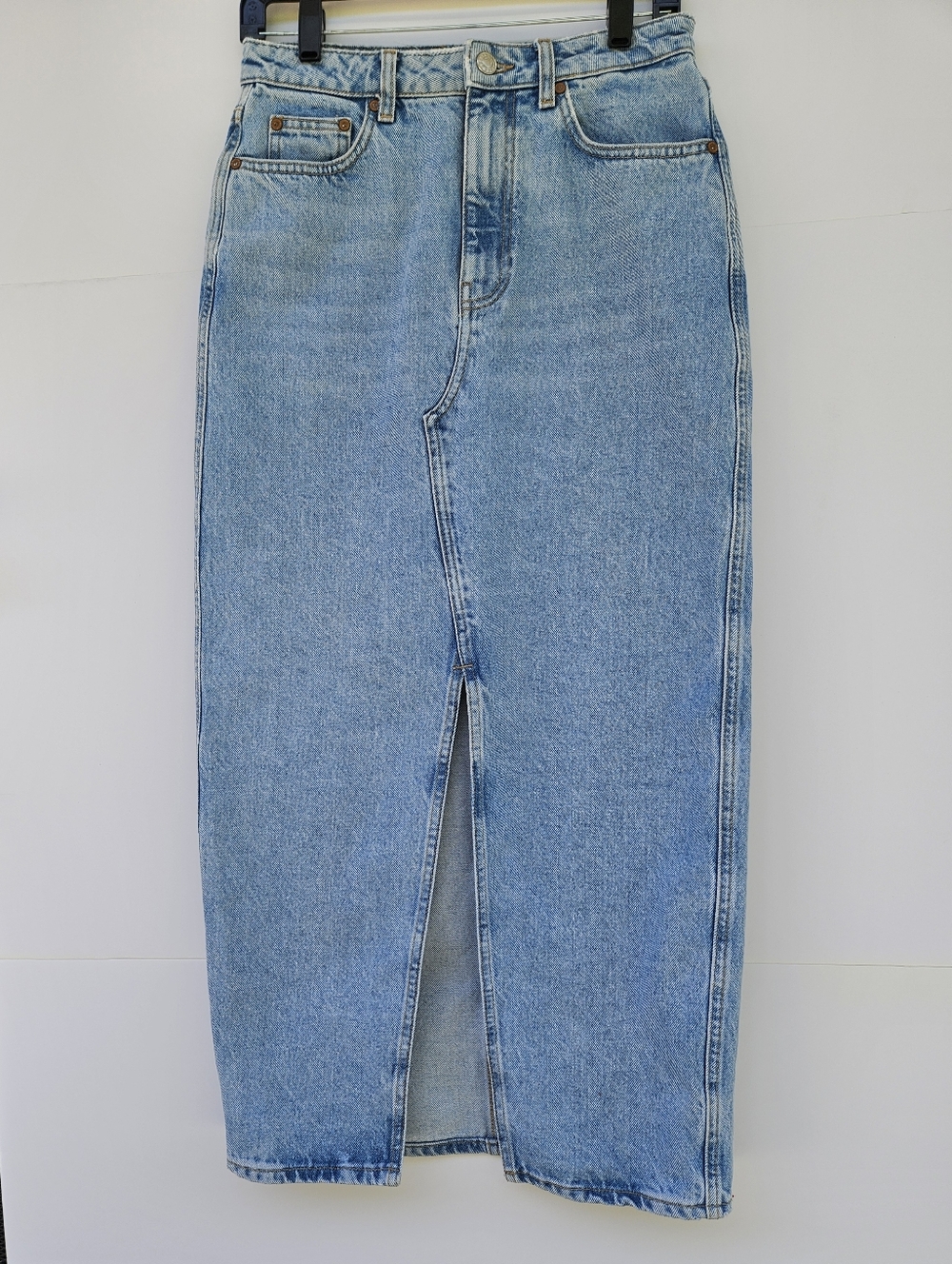 Mango (MNG) Denim Midi Skirt with Front Slit - Light Wash Blue, Size S